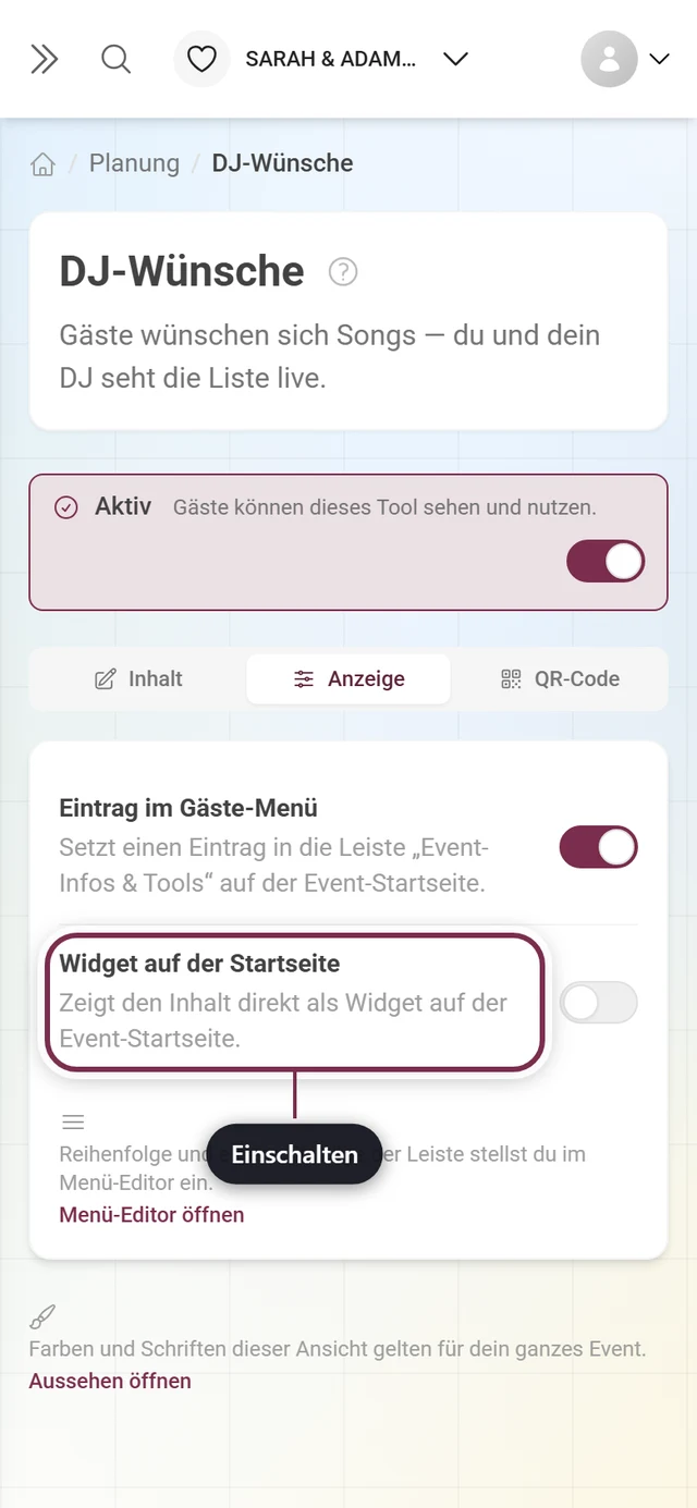 Reiter Anzeige der DJ-Wünsche mit hervorgehobenem Widget-Schalter