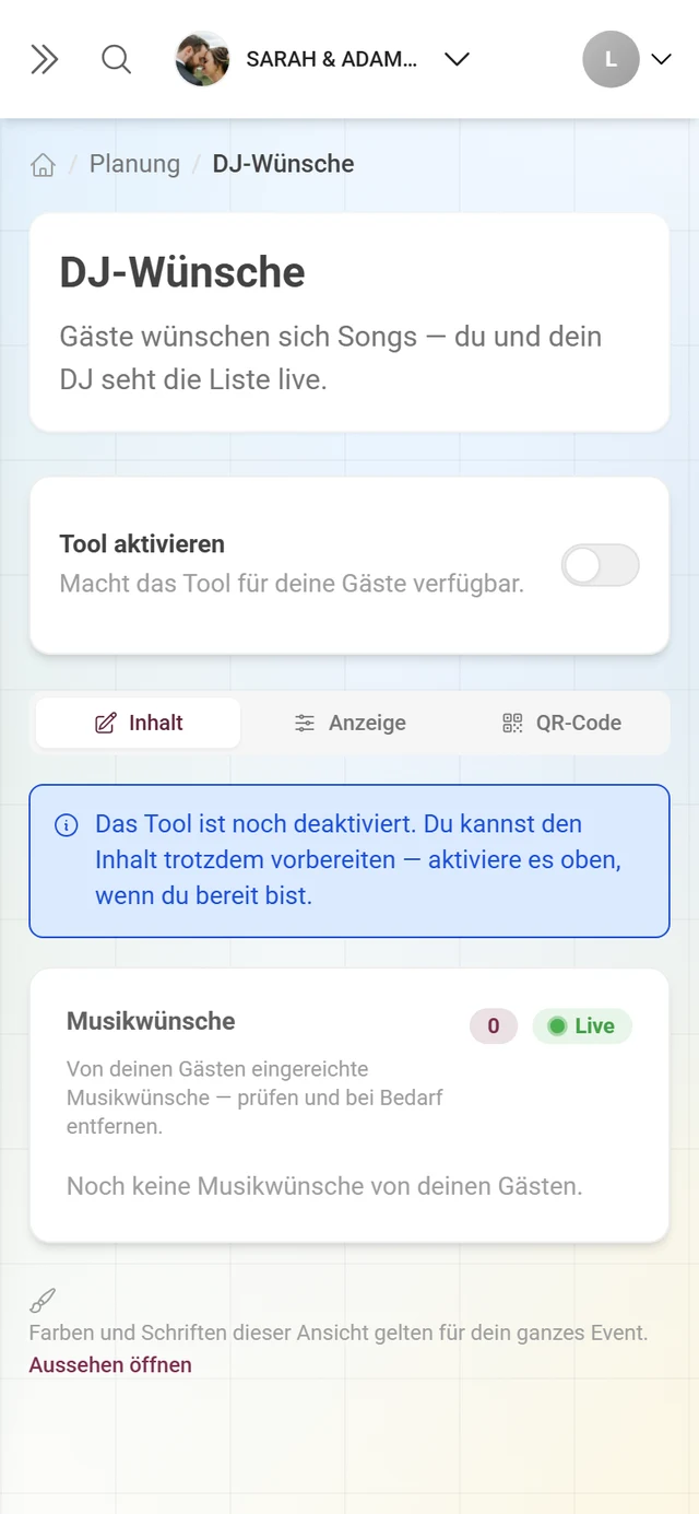 Live-Liste der Musikwünsche mit Titel, Interpret und Absender