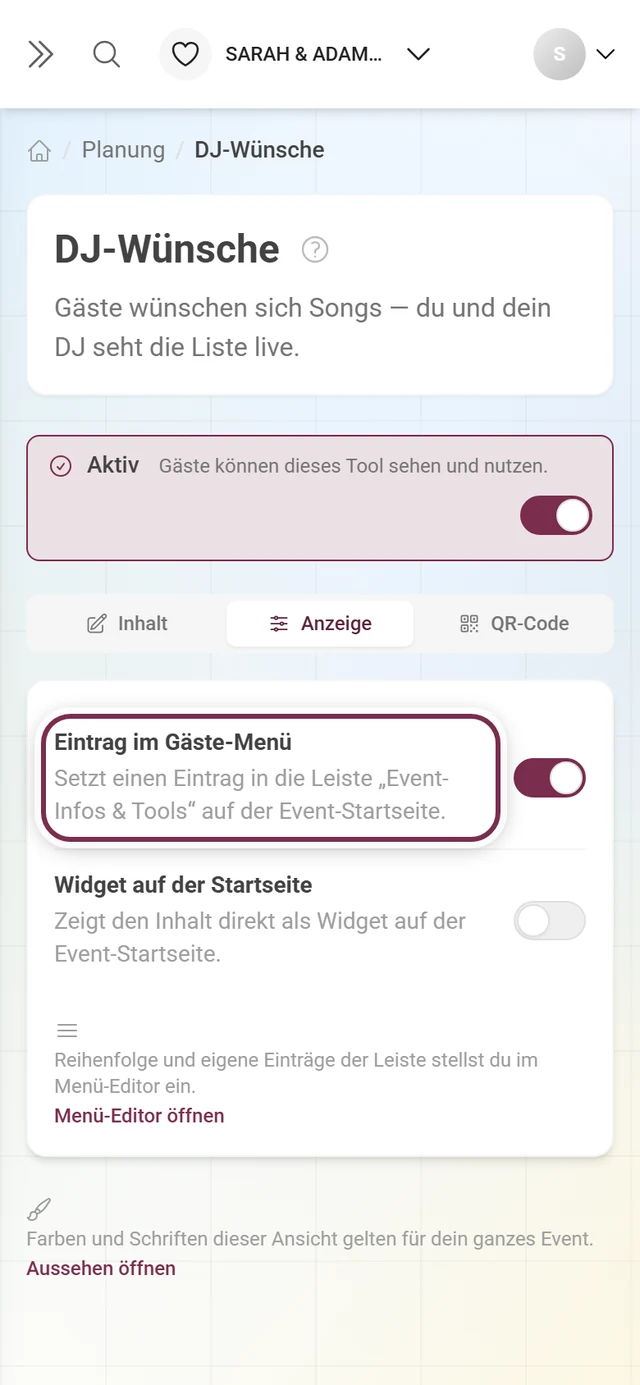 Reiter Anzeige der DJ-Wünsche mit hervorgehobenem Schalter Eintrag im Gäste-Menü