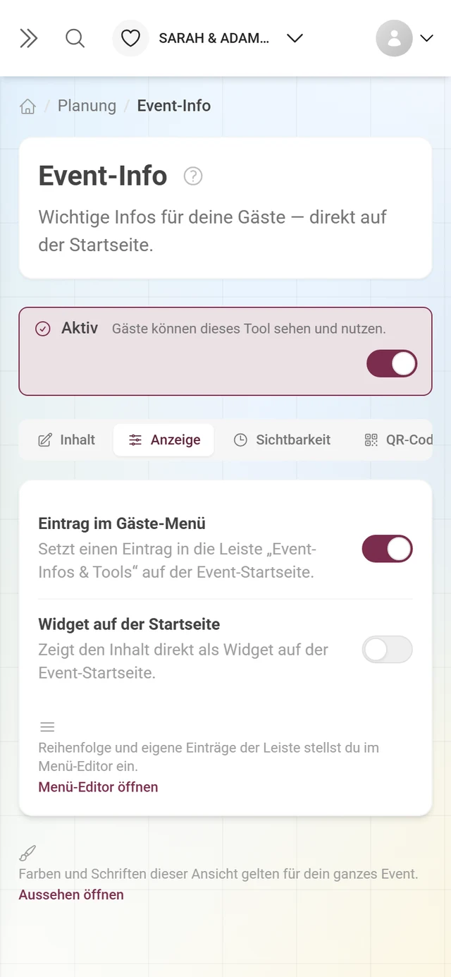 Reiter Anzeige des Event-Info-Tools mit den Schaltern für Gäste-Menü und Widget