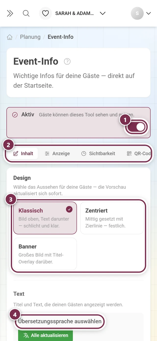Event-Info-Editor mit markiertem Aktiv-Schalter, Reitern, Design-Auswahl und Sprachumschaltung