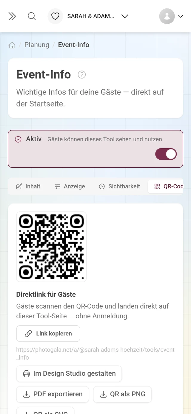 Reiter QR-Code eines Tools mit Direktlink, QR-Bild und den Export-Knöpfen