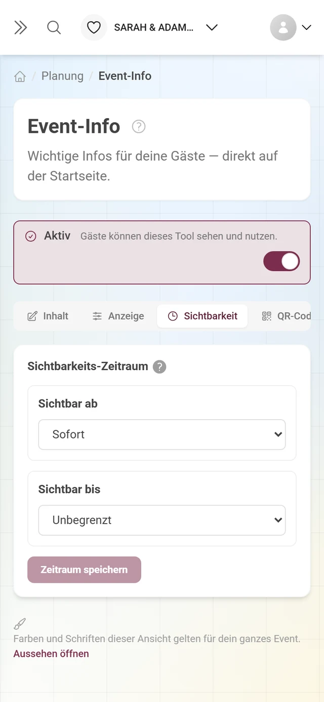 Reiter Sichtbarkeit mit Sichtbar ab Sofort und Sichtbar bis Unbegrenzt