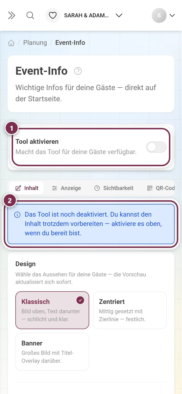 Event-Info-Seite mit ausgeschaltetem Tool-Schalter und blauem Hinweis darunter