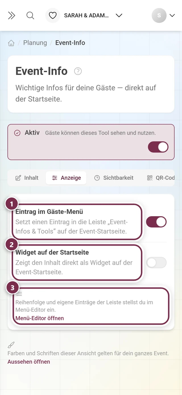 Reiter Anzeige mit den Schaltern für den Gäste-Menü-Eintrag und das Startseiten-Widget