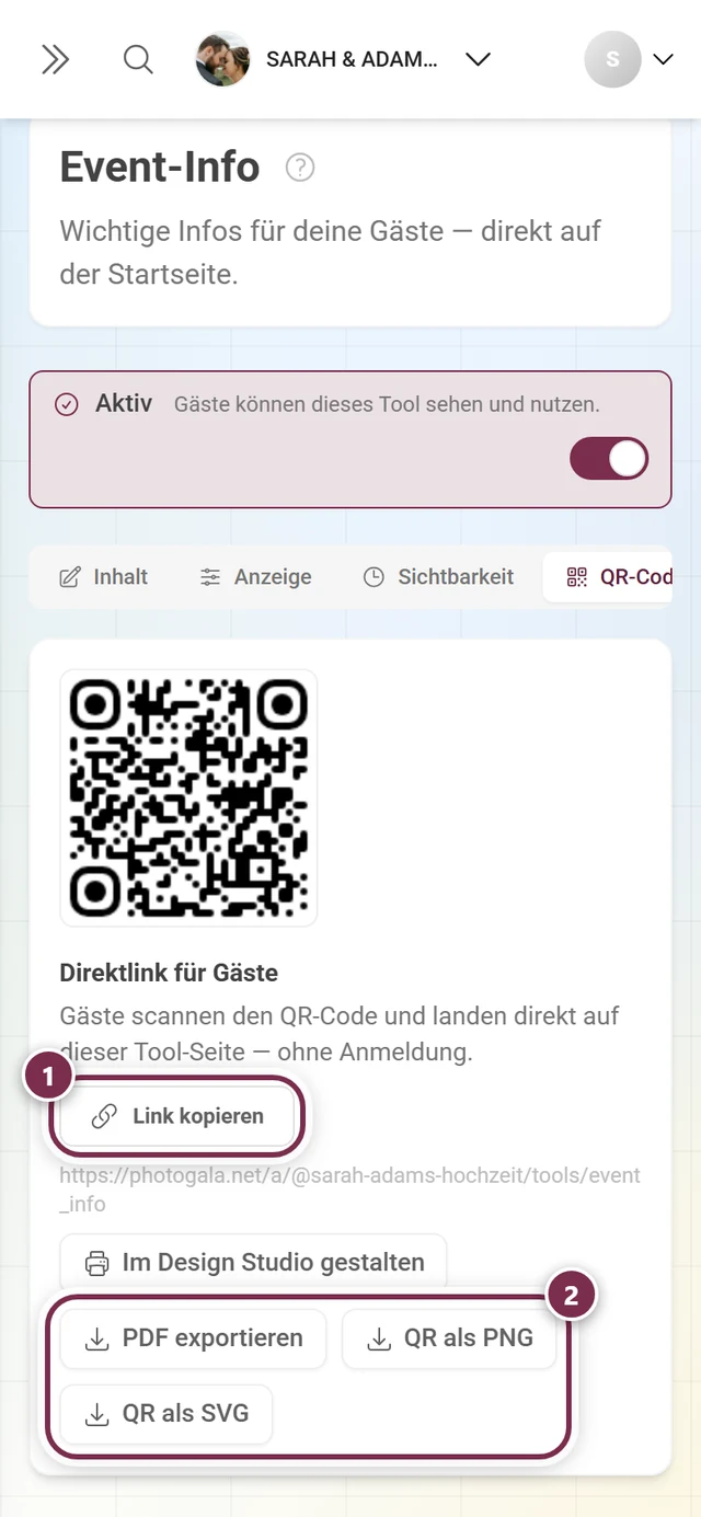 Reiter QR-Code mit dem Code, dem Knopf Link kopieren und den Ausgabe-Knöpfen