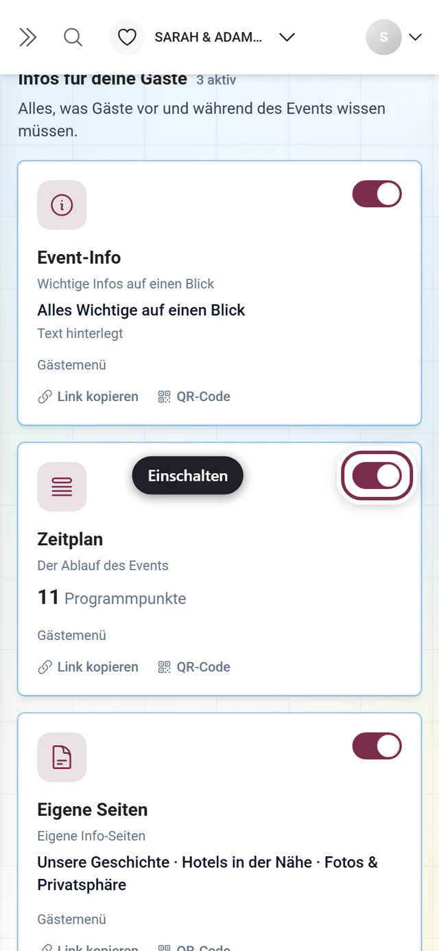 Tool-Kachelraster mit hervorgehobenem Schalter auf der Zeitplan-Kachel