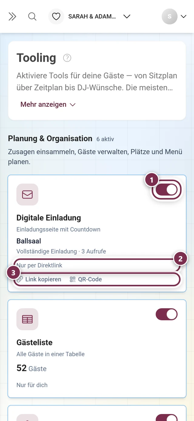 Das Tooling-Raster mit Kacheln für alle Tools, gruppiert in drei Kategorien