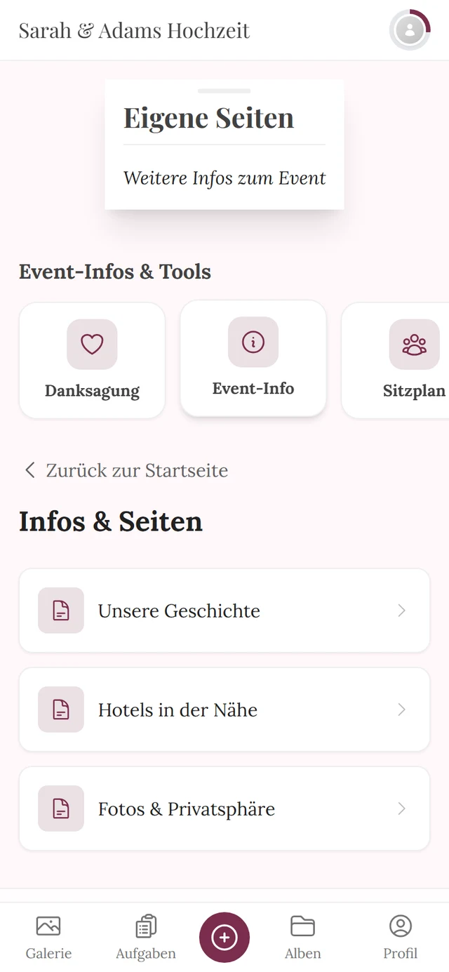 Übersicht der eigenen Seiten mit drei Einträgen untereinander