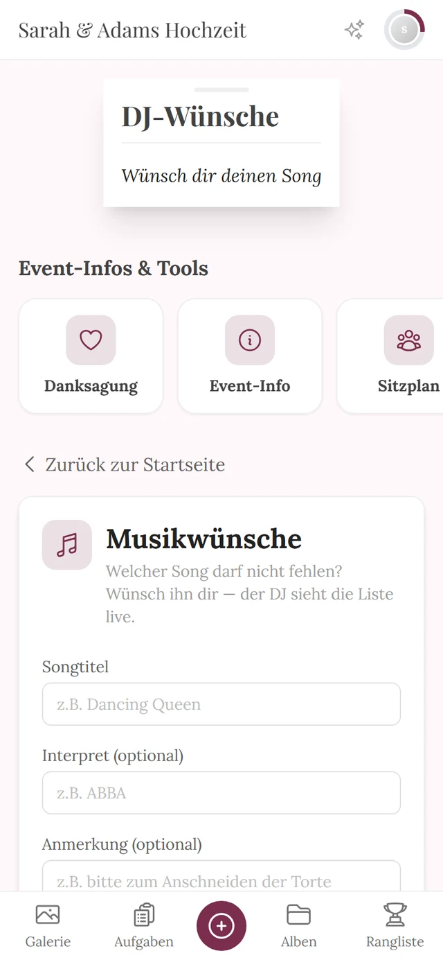 Formular für Musikwünsche mit den Feldern Songtitel, Interpret und Anmerkung