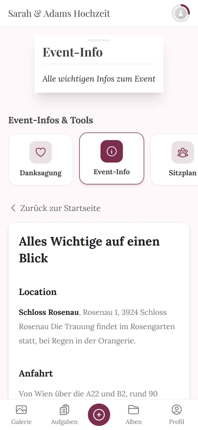 Tool-Seite Event-Info aus Gästesicht mit Abschnitten zu Ort, Anfahrt und Parken