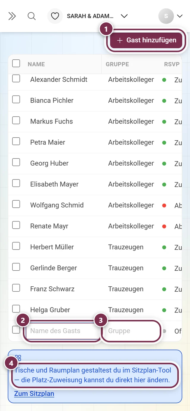 Gästeliste mit markiertem Knopf Gast hinzufügen, der neuen Zeile mit Name und Gruppe und dem Hinweis auf das Sitzplan-Tool