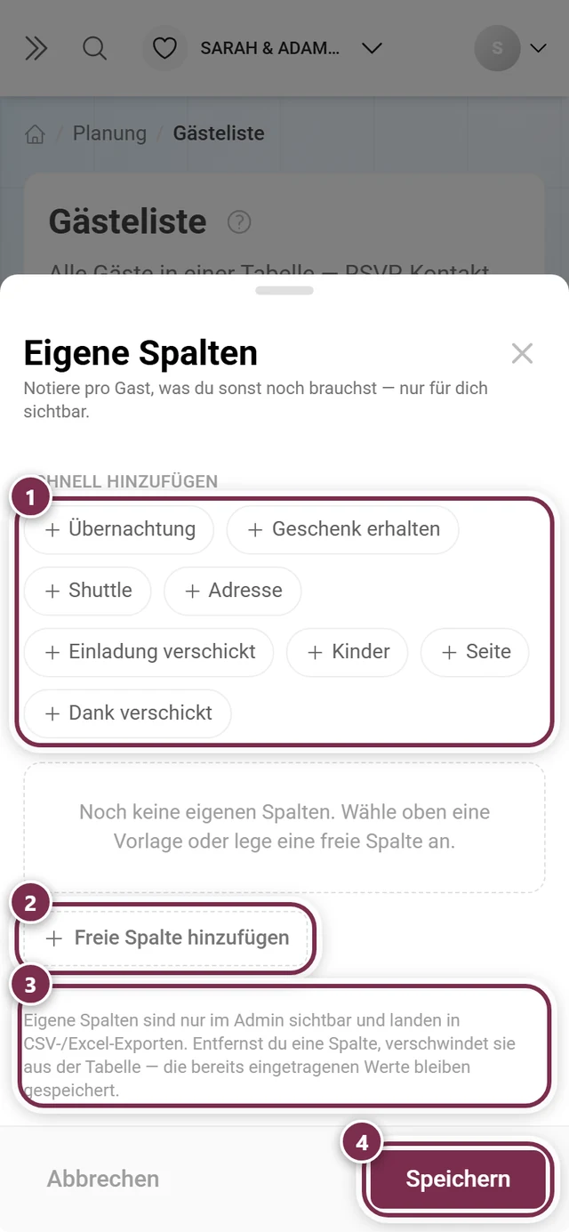Dialog Eigene Spalten mit markiertem Vorlagen-Raster, Freie Spalte hinzufügen, dem Admin-Hinweis und Speichern
