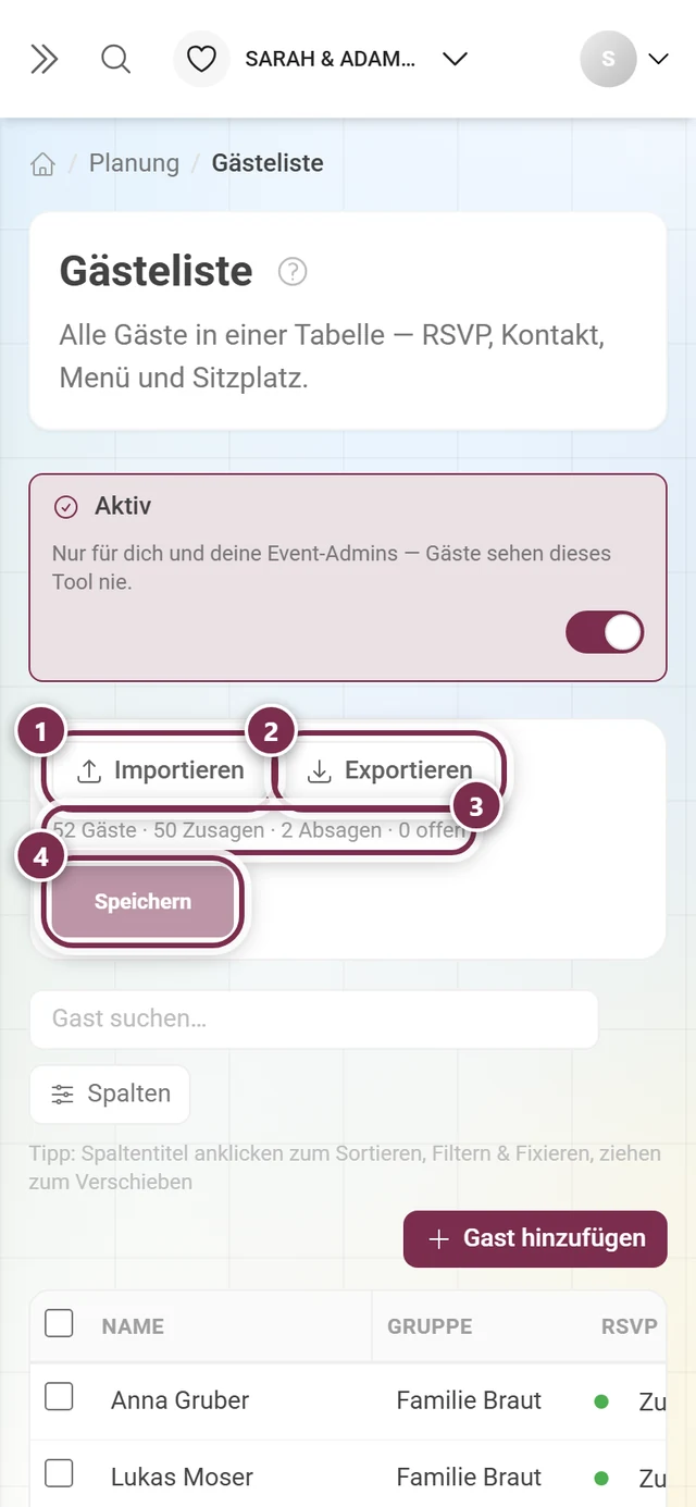 Aktionsleiste der Gästeliste mit markiertem Importieren, Exportieren, der Zählzeile und dem Speichern-Button