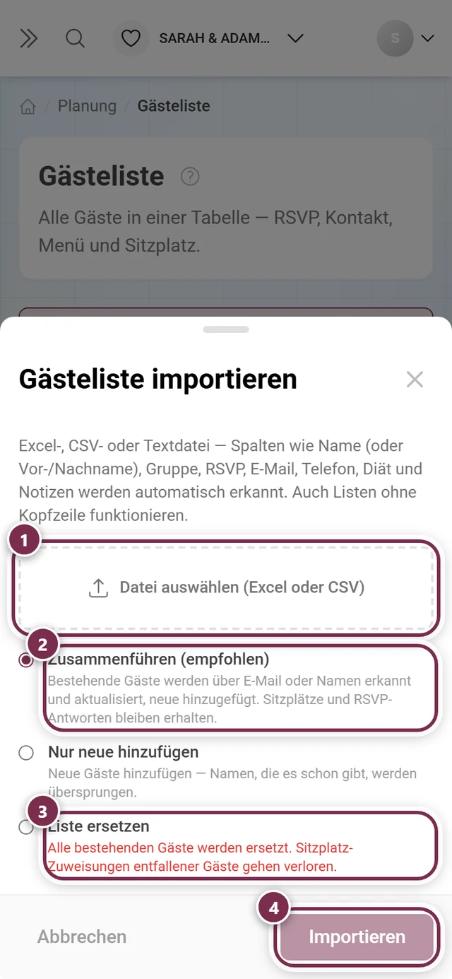Dialog Gästeliste importieren mit markierter Dateiauswahl, den Modi Zusammenführen und Liste ersetzen und dem Knopf Importieren