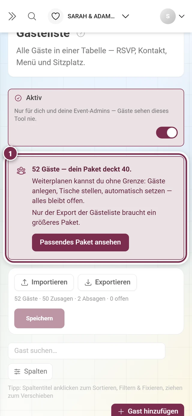 Gästeliste mit markiertem Kontingent-Kasten über der Aktionsleiste