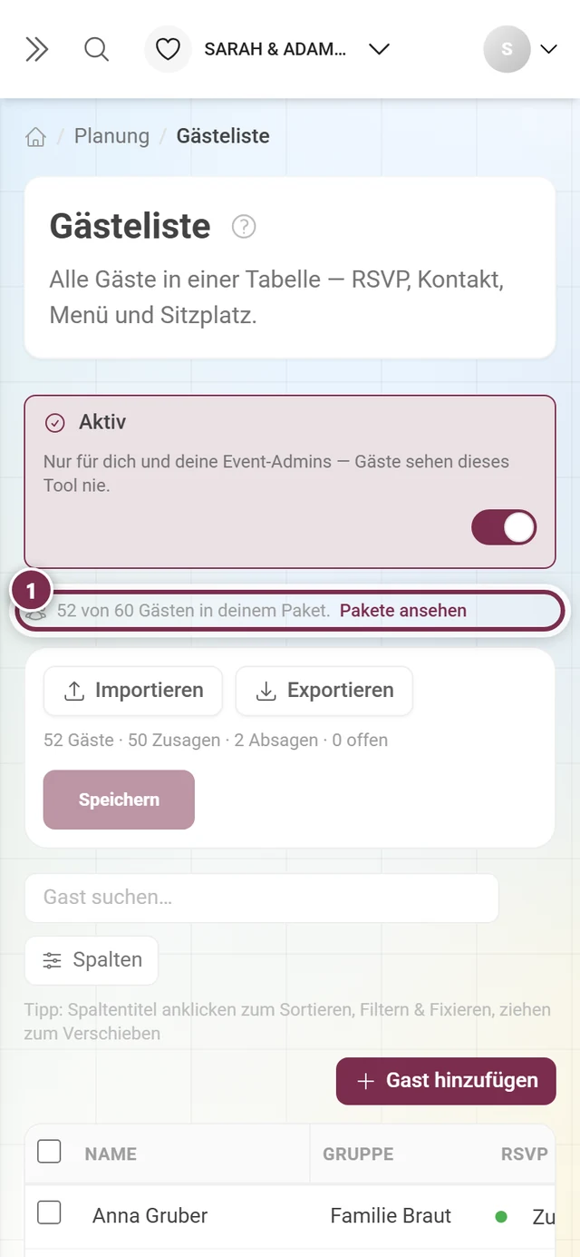 Gästeliste mit markiertem schmalem Hinweisband über der Aktionsleiste