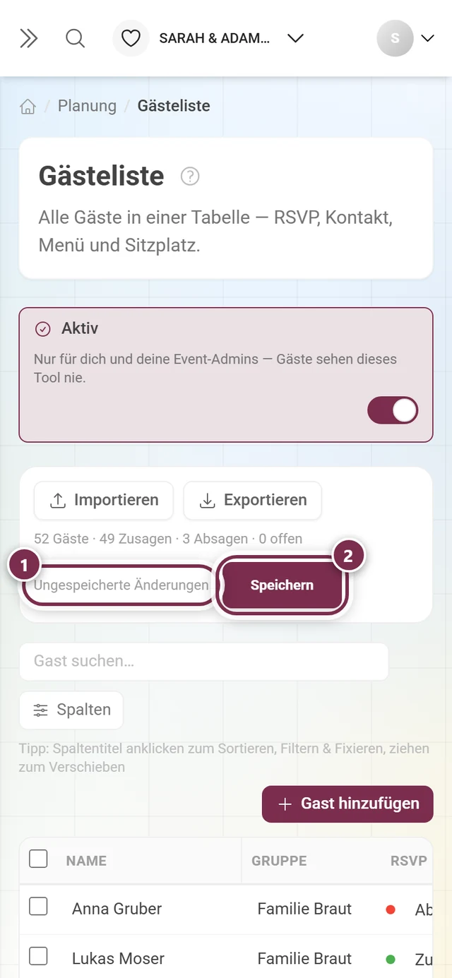 Aktionsleiste der Gästeliste mit markiertem Hinweis Ungespeicherte Änderungen und aktivem Speichern-Button
