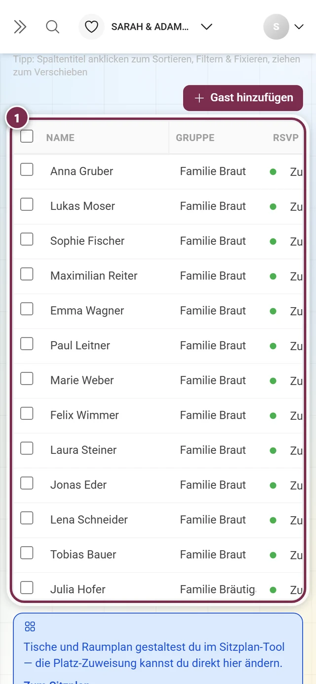 Gästeliste auf dem Handy mit markiertem, seitlich scrollbarem Tabellenbereich