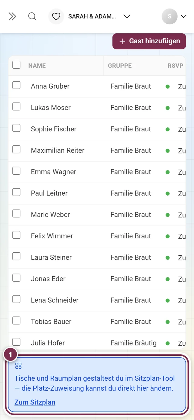 Gästeliste mit markiertem Hinweisband am unteren Ende der Tabelle