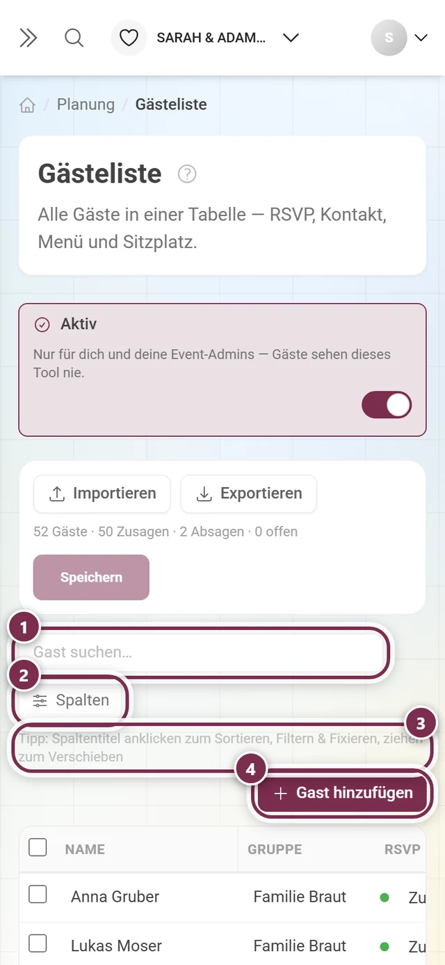Leiste über der Tabelle mit markiertem Suchfeld, Spalten-Knopf, Bedienhinweis und Gast hinzufügen