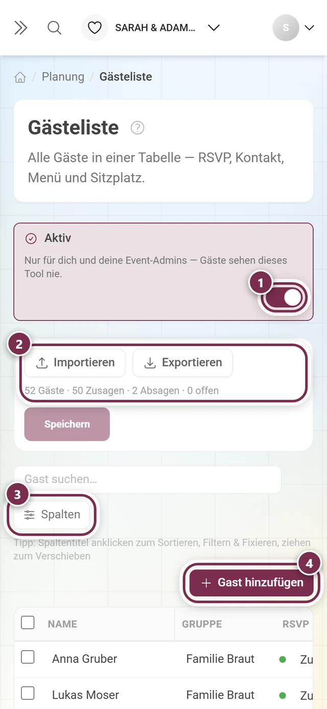 Gästeliste mit markiertem Aktiv-Schalter, Importieren und Exportieren, Spalten-Knopf und Gast hinzufügen