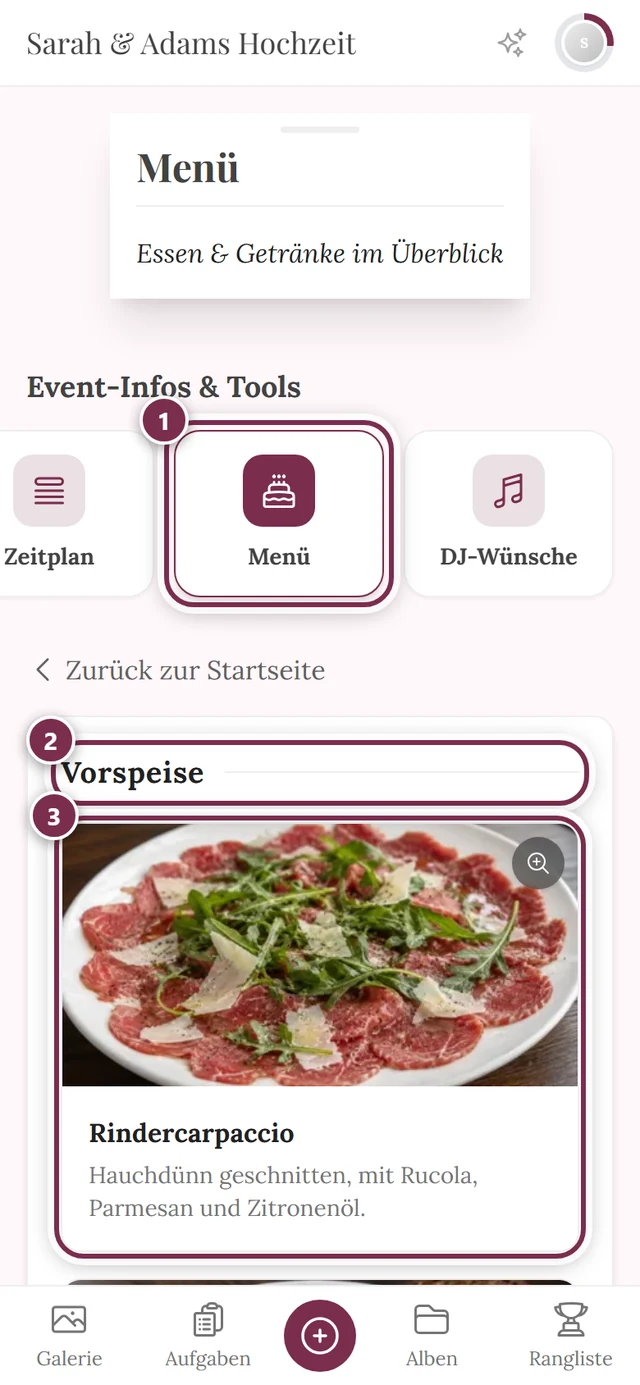 Menü-Seite mit Gängen und Gerichten