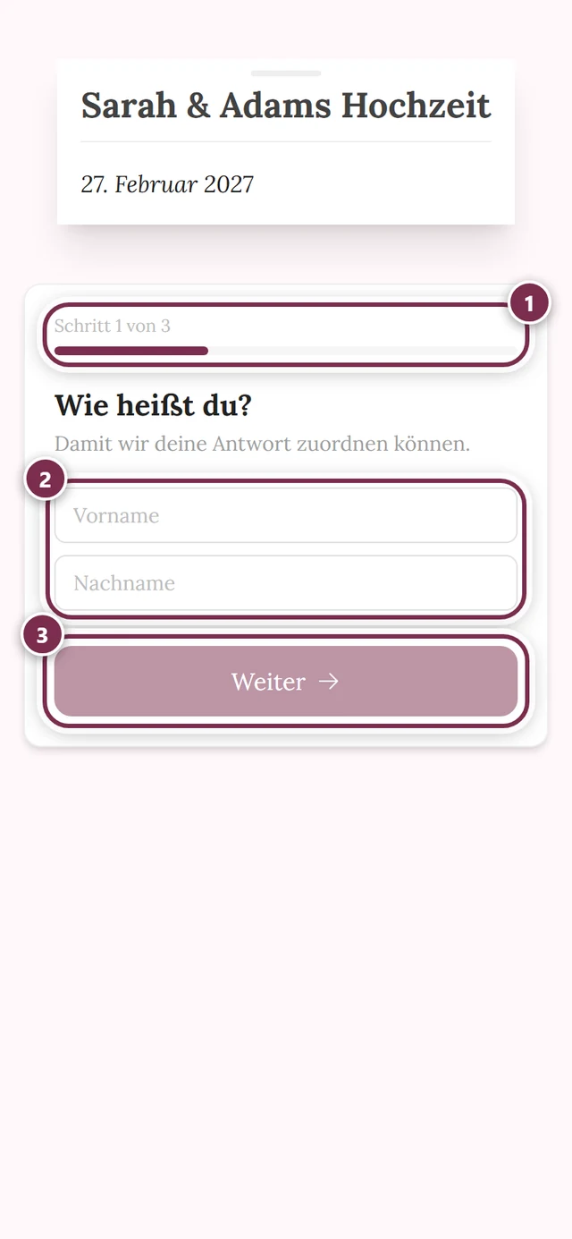Das RSVP-Formular aus Sicht eines Gastes mit Schrittanzeige und Namensfeld