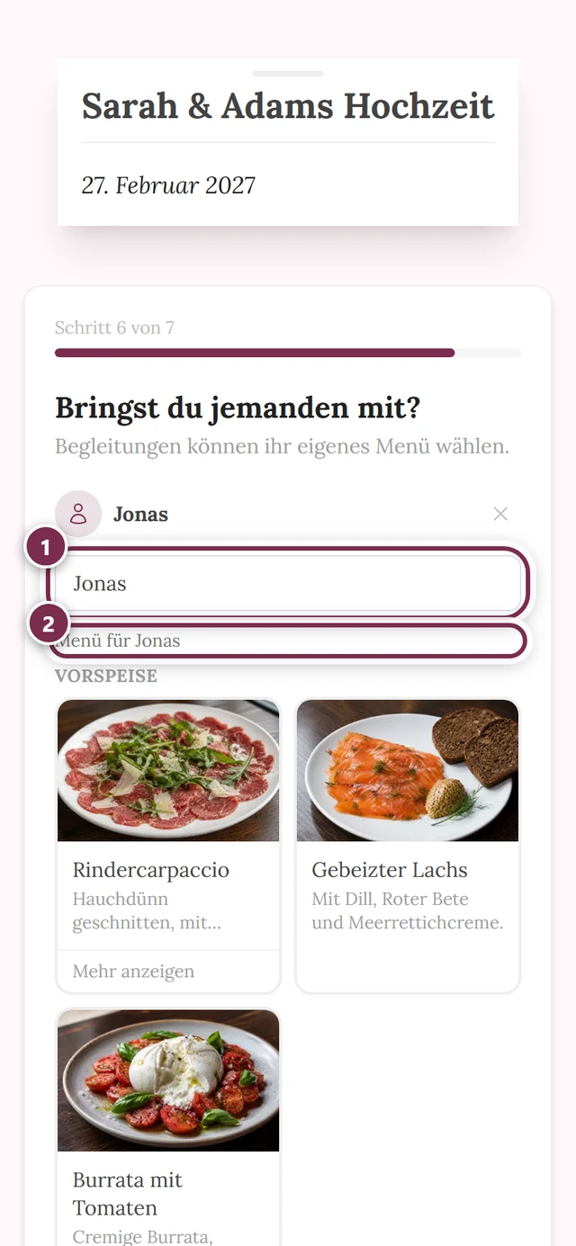 Begleitungs-Schritt mit dem Namensfeld der Begleitung und der Überschrift Menü für Jonas