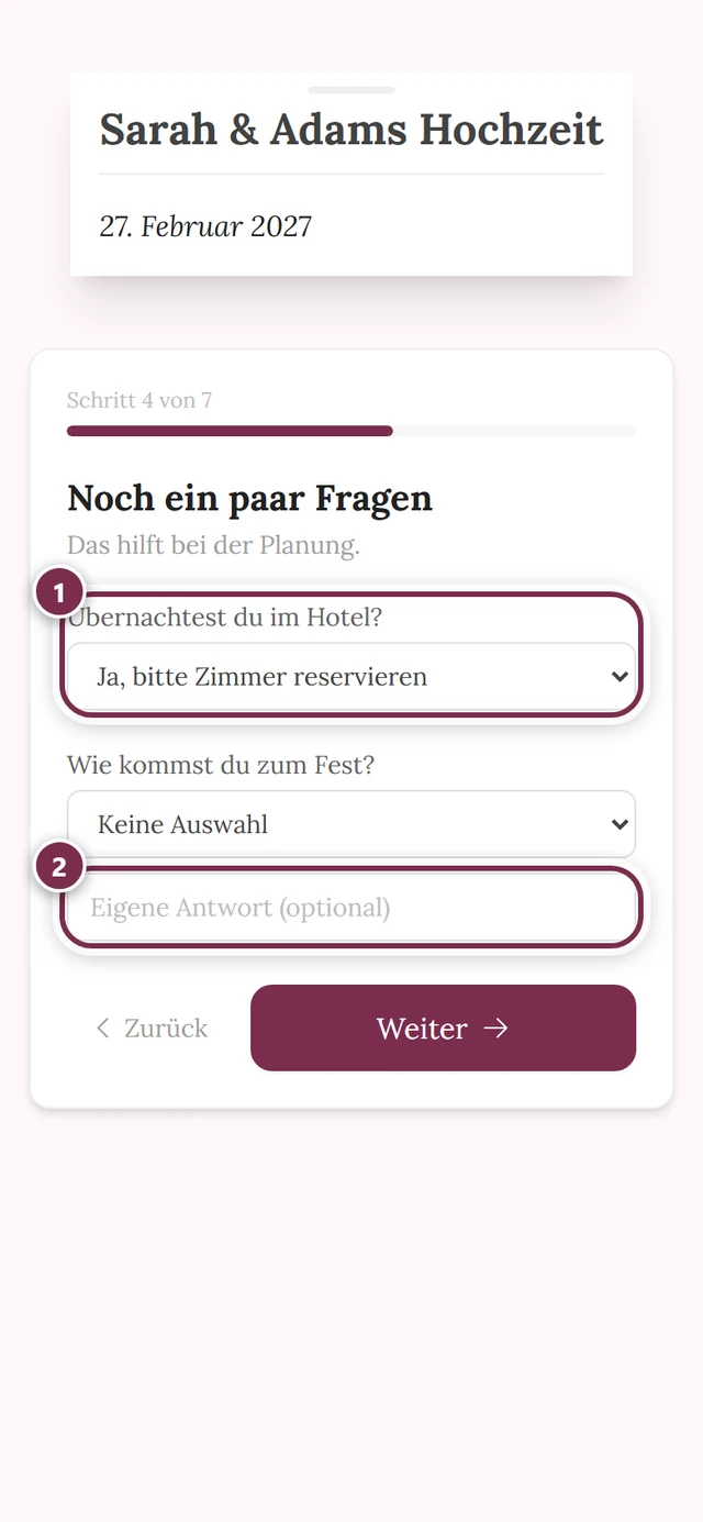 Schritt Noch ein paar Fragen mit zwei Klappmenüs und dem Feld Eigene Antwort