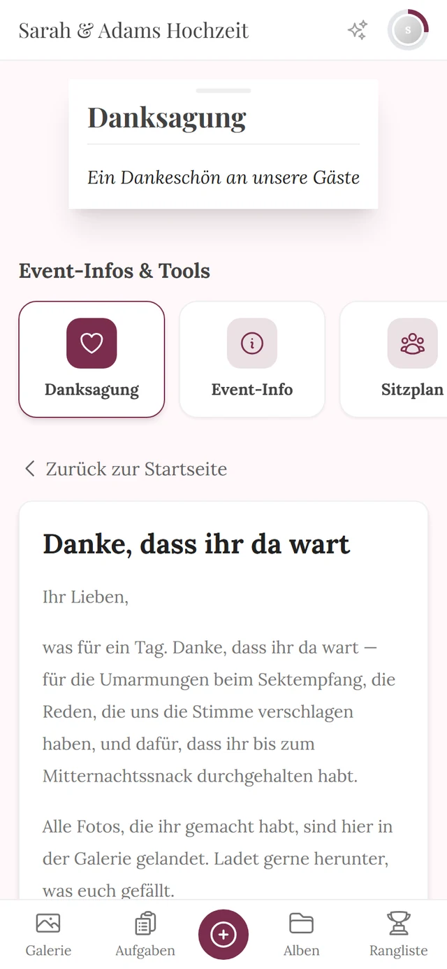 Danksagung in der Gästesicht mit Überschrift, Text und der hervorgehobenen Kachel Danksagung