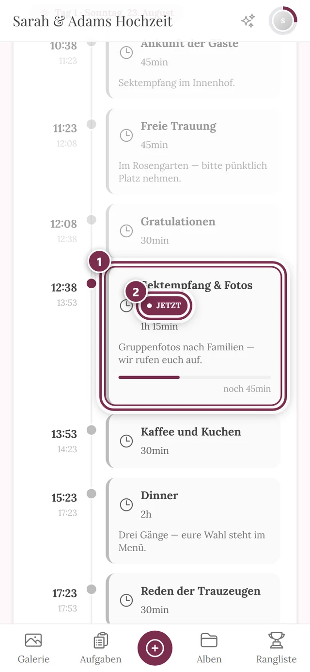 Zeitplan während des Events mit markiertem laufenden Programmpunkt und der Jetzt-Markierung