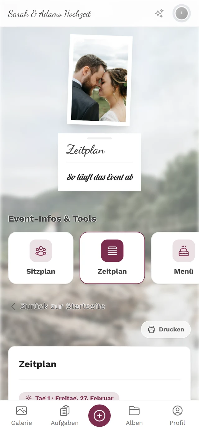 Zeitplan-Seite mit den Programmpunkten des Events und dem Drucken-Knopf