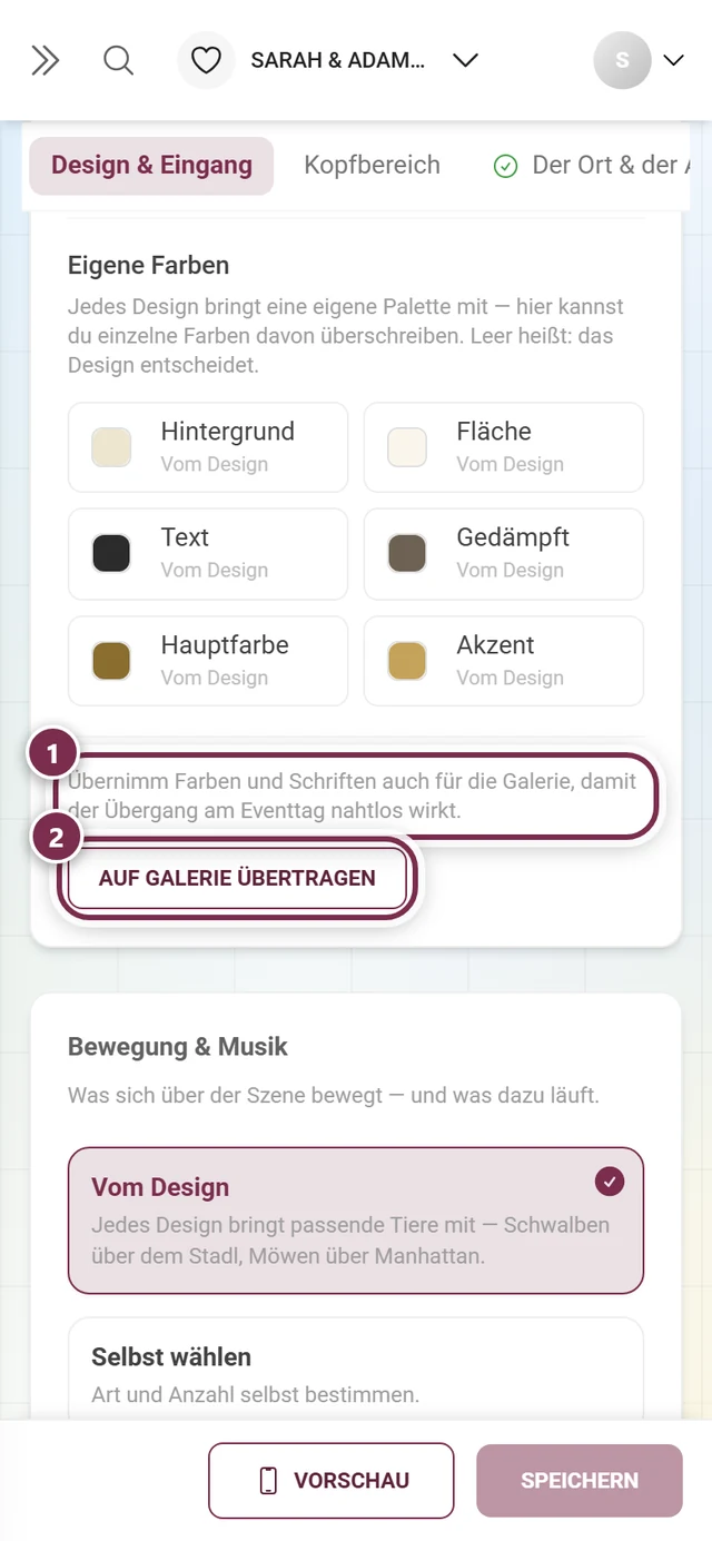 Auf Galerie übertragen mit nummerierten Ringen um Hinweis und Button, darüber die sechs Farbrollen