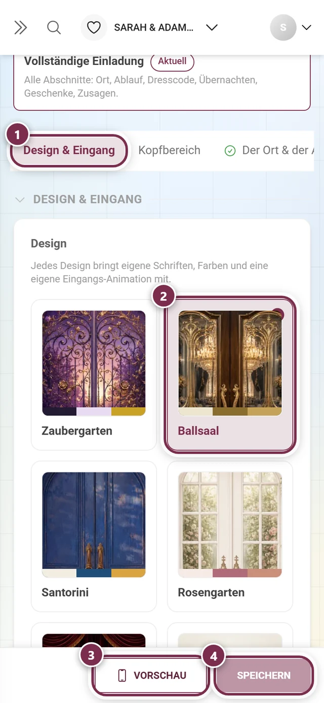 Reiter Design & Eingang mit nummerierten Ringen um den Reiter, das gewählte Design, Vorschau und Speichern