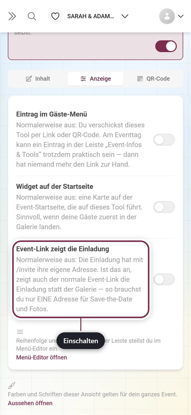 Reiter Anzeige der Einladung mit hervorgehobenem Event-Link-Schalter