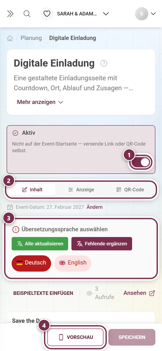 Editor der digitalen Einladung mit markiertem Master-Schalter, Reitern, Sprachblock und Vorschau-Knopf