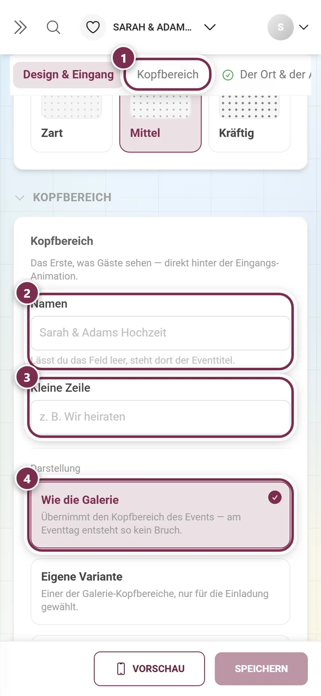 Reiter Kopfbereich mit nummerierten Ringen um den Reiter, Namen, Kleine Zeile und die Darstellung