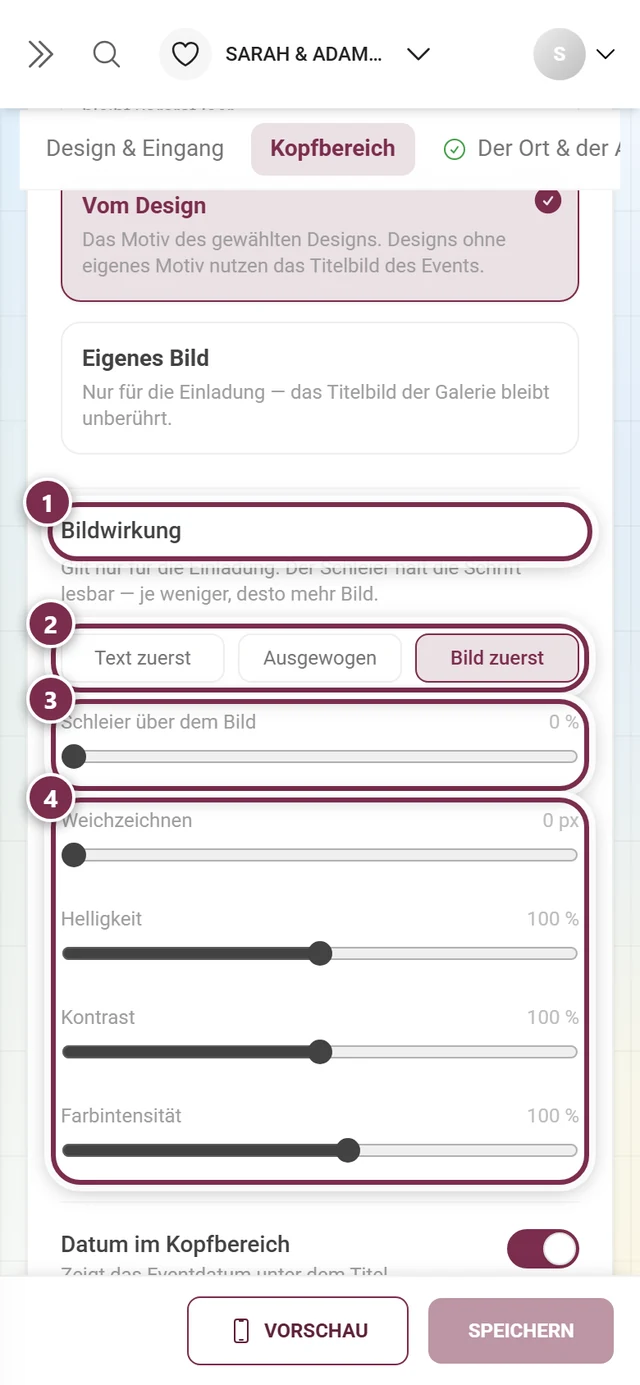 Bildwirkung mit nummerierten Ringen um Überschrift, die drei Voreinstellungen, den Schleier-Regler und die vier übrigen Regler