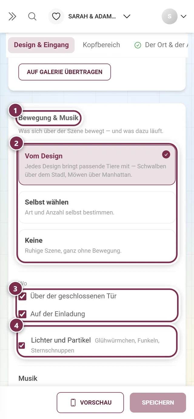 Abschnitt Bewegung & Musik mit nummerierten Ringen um die Überschrift, die drei Karten, die Wo-Häkchen und Lichter und Partikel