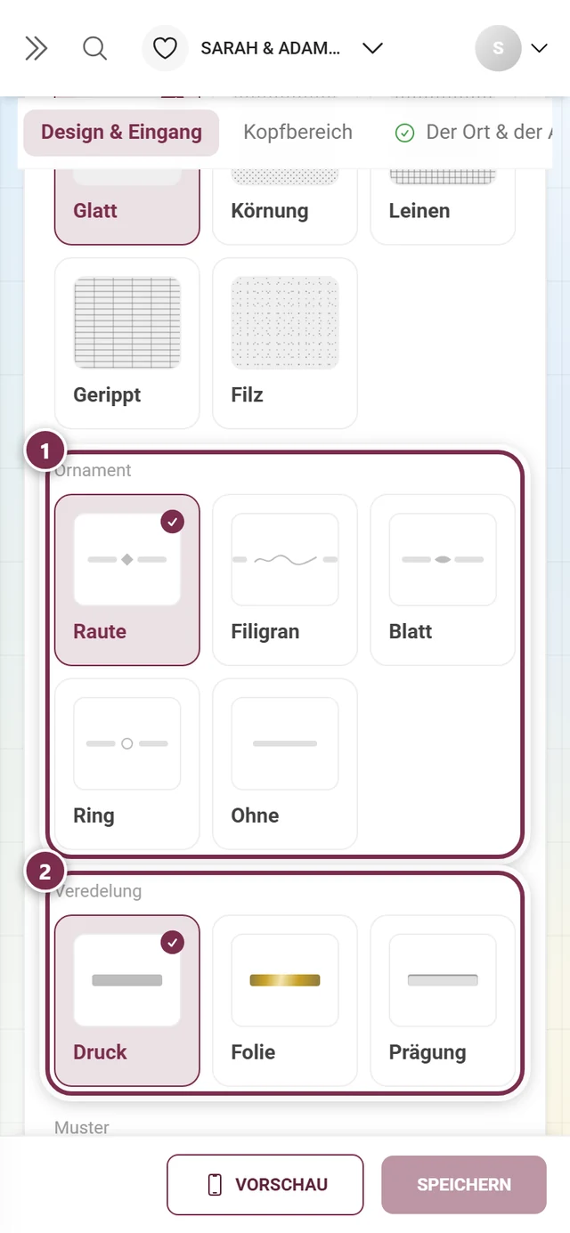 Ornament und Veredelung mit nummerierten Ringen um beide Achsen