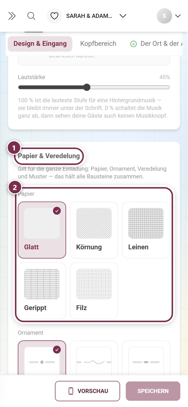 Abschnitt Papier & Veredelung mit nummerierten Ringen um die Überschrift und die Papierauswahl