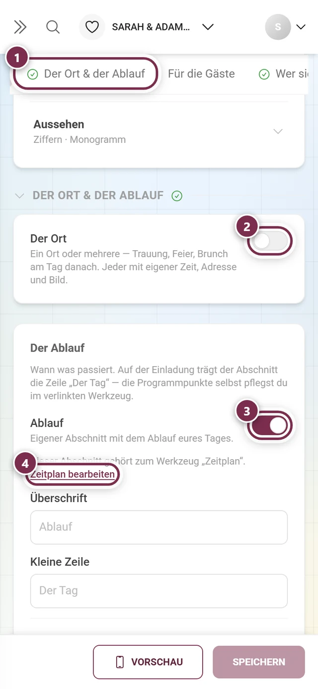 Reiter Der Ort & der Ablauf mit nummerierten Ringen um den Reiter, beide Schalter und Zeitplan bearbeiten