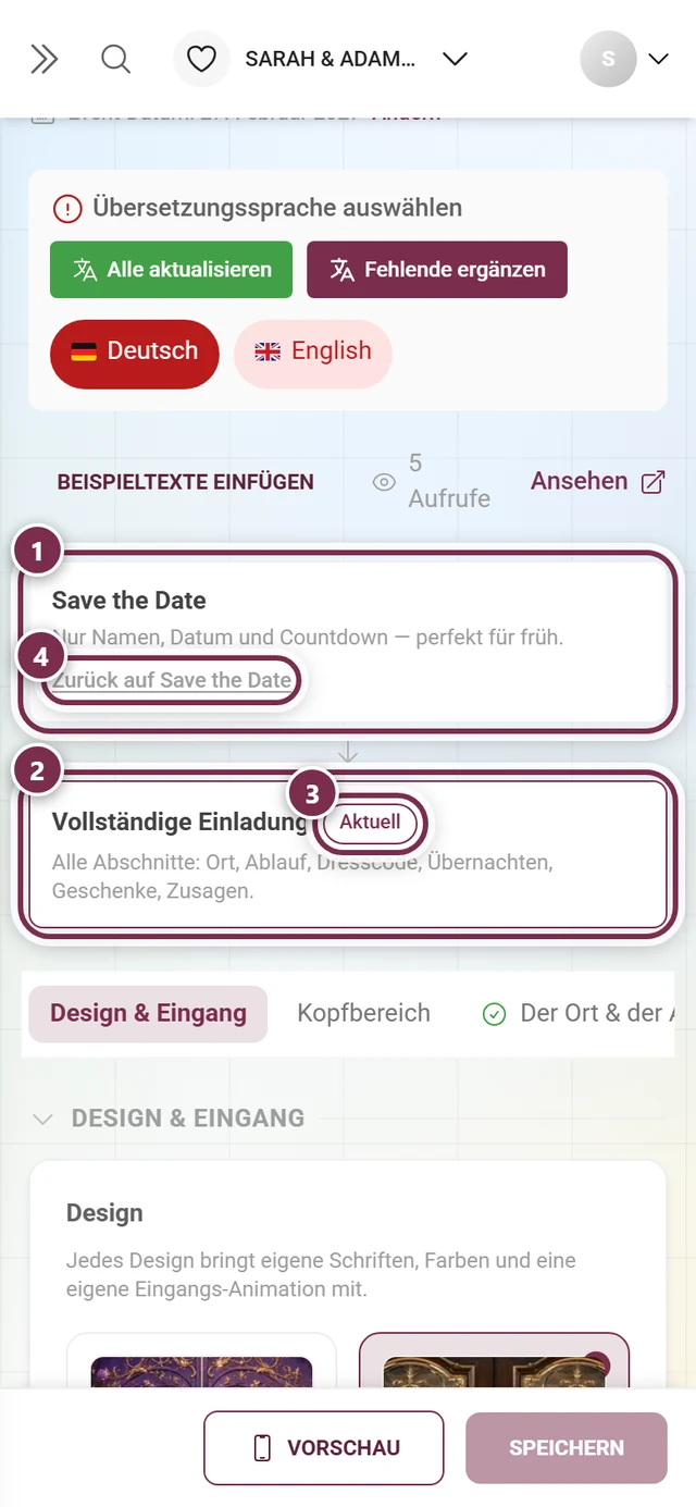 Die beiden Karten Save the Date und Vollständige Einladung mit nummerierten Ringen