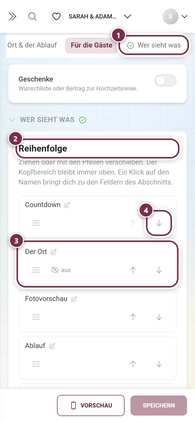 Reiter Wer sieht was mit nummerierten Ringen um den Reiter, die Überschrift Reihenfolge, eine Zeile und die Pfeile