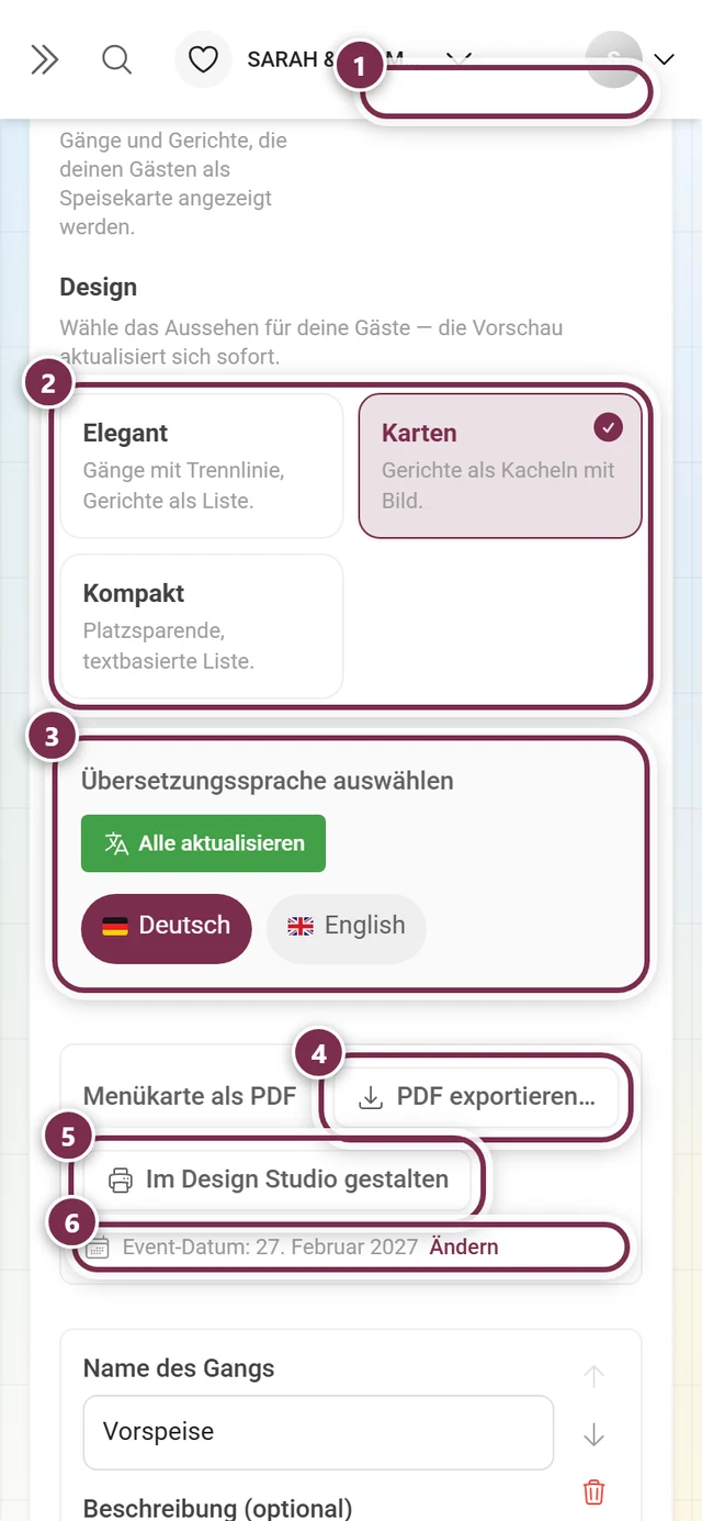 Kopf des Reiters Inhalt mit Zähler, den drei Design-Kacheln, der Sprachwahl und den Export-Knöpfen