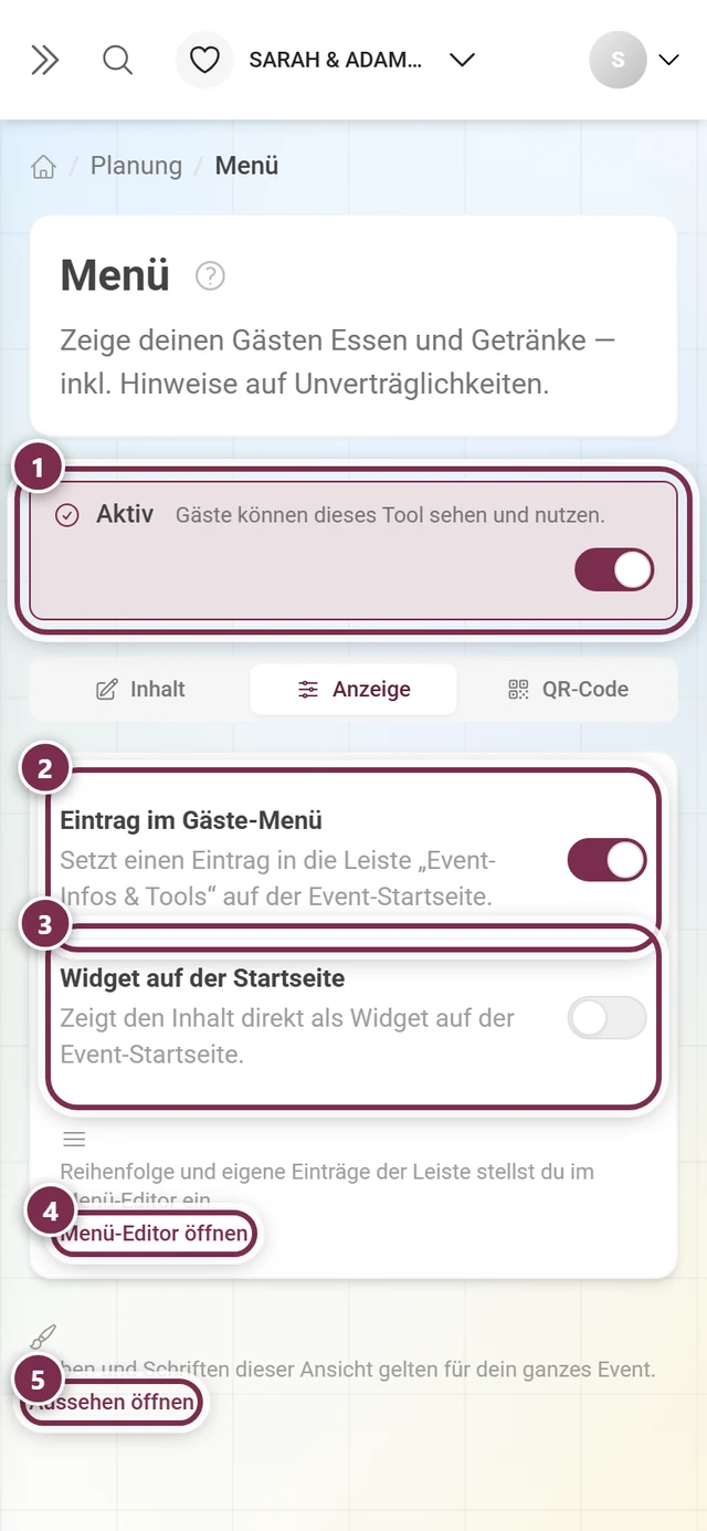 Reiter Anzeige des Menü-Tools mit dem Schalter Aktiv, Eintrag im Gäste-Menü und Widget auf der Startseite