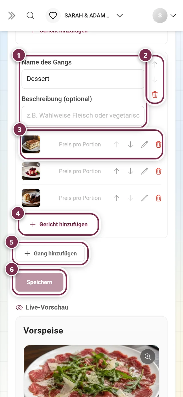 Menü-Editor mit dem Gang Dessert und den Gerichten Tiramisu, Panna Cotta und Schokoladenkuchen
