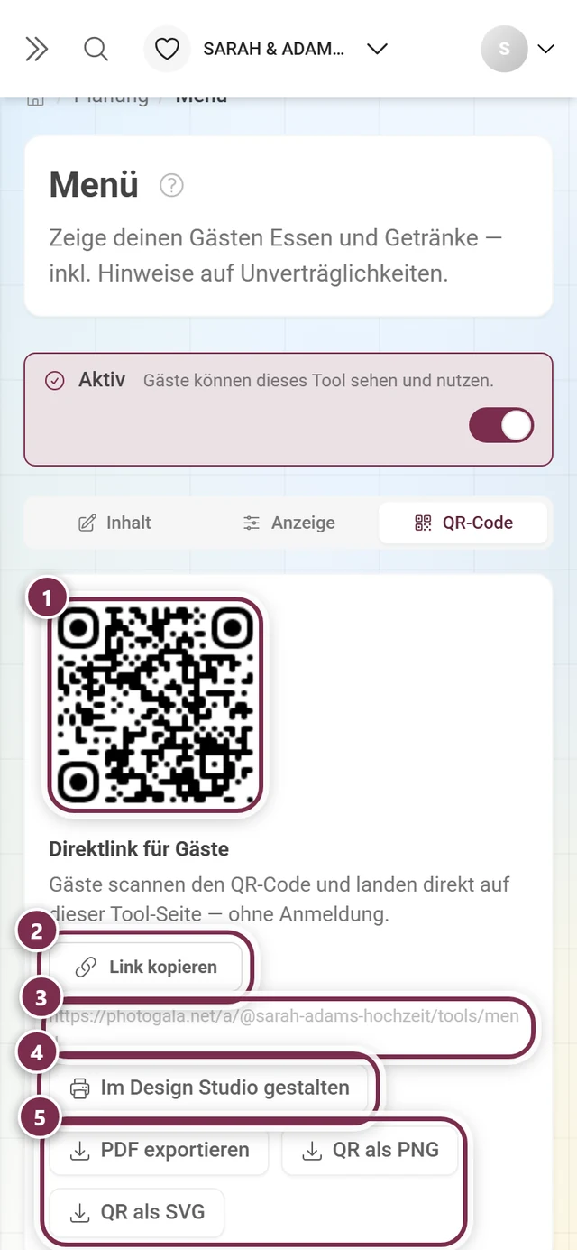 Reiter QR-Code des Menü-Tools mit QR-Code, Direktlink und den Knöpfen Link kopieren, Im Design Studio gestalten, PDF exportieren, QR als PNG und QR als SVG