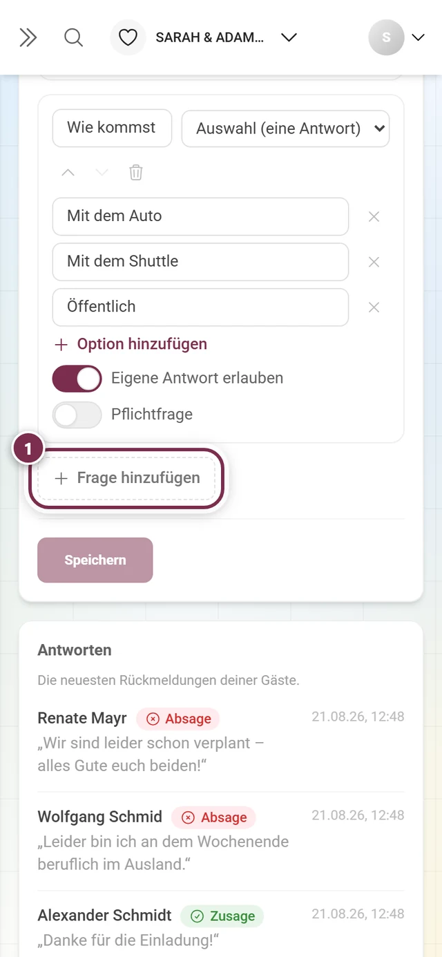 Der Button Frage hinzufügen unter den bestehenden Fragen